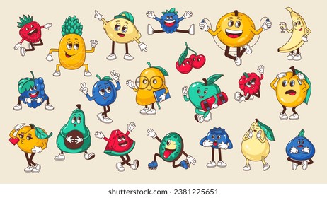 Groovy fruit and berry characters set vector illustration. Cartoon isolated Y2K retro funky fruit mascot stickers with pineapple banana watermelon apple peach strawberry lemon blackberry raspberry fig