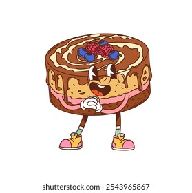 Groovy fruit cake or tart happy character. Restaurant pastry food cheerful cartoon mascot, holiday dessert or cafe sweet meal retro vector character. Chocolate cake with berries groovy happy personage