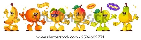 Groovy fruit cartoon characters with expressive faces and poses. Colorful cute positive mascots with different emotions and promotional text. Vibrant design for food packaging or educational material.