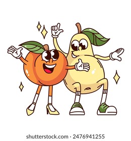 Groovy fruit cartoon characters friends. Funny retro cheerful couple of peach and pear with smiles, happy vitamin food mascot, cartoon fruit dance sticker of 70s 80s style vector illustration
