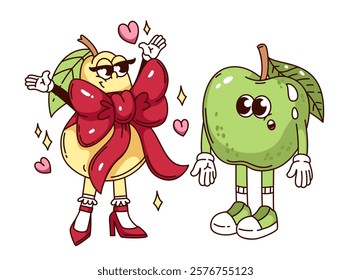 Groovy fruit cartoon characters with gift of love. Funny retro pear with red ribbon bow giving itself as gift to apple. Valentine day mascot, cartoon fruit sticker of 70s 80s style vector illustration