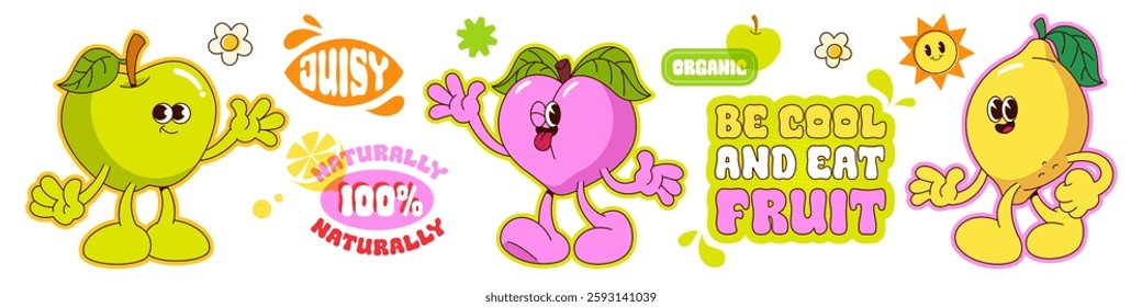 Groovy fruit cartoon characters - green apple, pink peach and yellow pear with smiling faces and limbs. Retro mascots surrounded by phrases on stickers, flower, sun icon for healthy eating design.