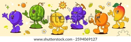 Groovy fruit cartoon characters with limbs - purple plum waving, green watermelon with horns gesture, yellow melon and grape bunch walking, smiling apricot and mango. Retro mascot with expressive face