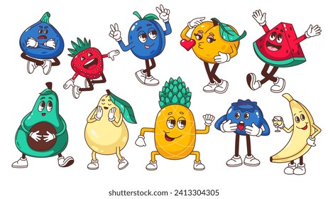 Montaje de dibujos animados de fruta Groovy. Funny fresa aguacate durazno banana piña piña peras plum sandía. Mascotas de dibujos animados de frutas y bayas retro, pegatinas de alimentos de la ilustración vectorial de los años 80