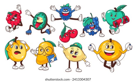 Groovy fruit cartoon characters set. Funny raspberry kiwi cherry apple orange lemon mango. Retro fruit and berry cartoon mascots, food stickers and emoticons of 70s 80s style vector illustration