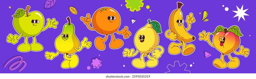 Groovy fruit characters with arms and legs - funny green apple and yellow pear, smiling orange and lemon, walking banana and peach. Cartoon mascots with expressive face, playful pose for retro design