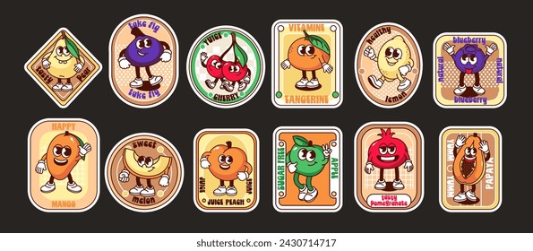 Groovy fruit characters on cartoon labels set. Funny retro healthy fruit with cute faces and hippie font text, mascot and trendy emblem collection, cartoon sticker of 70s 80s style vector illustration