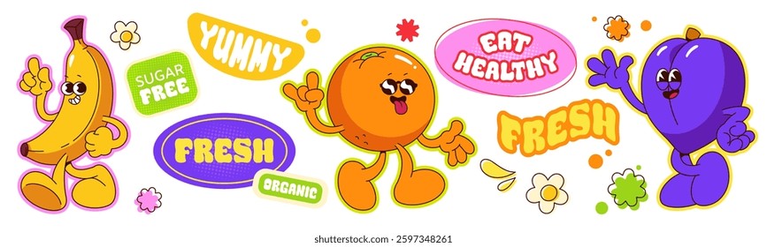 Groovy fruit characters and stickers set isolated on white background. Vector cartoon illustration of retro banana, orange, plum mascots, text labels for healthy food, vintage summer poster design