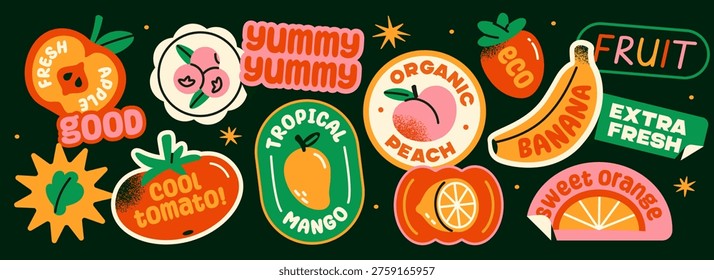 Groovy fruit labels set. Funky stickers with apple, peach, banana, avocado, and mango. Trendy doodle patches and stamps for packaging. Flat vector illustration collection isolated on background