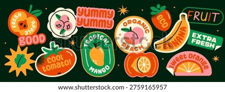 Groovy fruit labels set. Funky stickers with apple, peach, banana, avocado, and mango. Trendy doodle patches and stamps for packaging. Flat vector illustration collection isolated on background