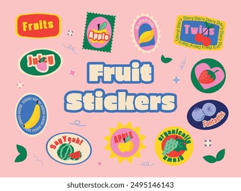 Groovy fruit stickers labels 90's style. Funky berries, bananas, apples, bright shapes, useful tags. Retro set of trendy doodle patches, stamps, labels for packaging