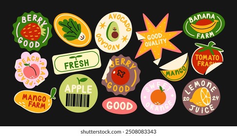 Groovy fruit stickers labels 90's style. Funky berries, summer lettering, bright shapes, vegetarian useful tags. Retro set of trendy doodle patches and stamps for packaging