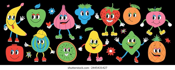 Estupendo conjunto de frutas. Personajes de dibujos animados retro de frutas sobre un fondo oscuro.Dibujo a mano Funny Retro vintage estilo de moda frutas personaje de dibujos animados.Groovy Ilustración vectorial de verano. Paquete de pegatinas jugosas de frutas.