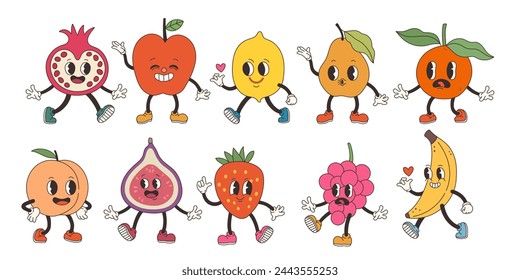 Groovy fruits set. Hand draw Funny Retro vintage trendy style fruits cartoon character. Doodle Comic collection