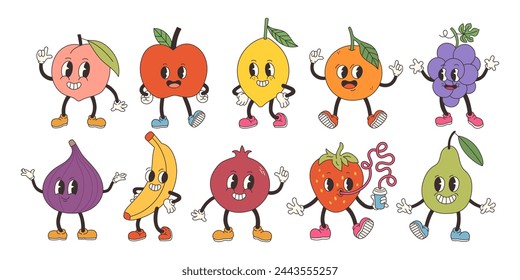 Groovy fruits set. Hand draw Funny Retro vintage trendy style fruits cartoon character. Doodle Comic collection