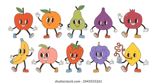 Groovy fruits set. Hand draw Funny Retro vintage trendy style fruits cartoon character. Doodle Comic collection