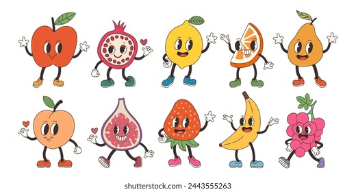 Groovy fruits set. Hand draw Funny Retro vintage trendy style fruits cartoon character. Doodle Comic collection