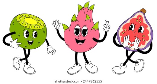 Groovy fruits set. Hand draw Funny Retro vintage trendy style fruits cartoon character. Kiwi, dragon fruit, figs. Vector doodle comic collection