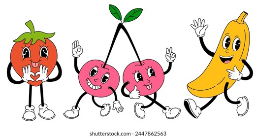 Groovy fruits set. Hand draw Funny Retro vintage trendy style fruits cartoon character. Vector doodle comic collection