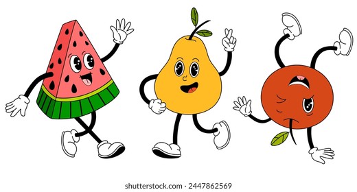 Groovy fruits set. Hand draw Funny Retro vintage trendy style fruits cartoon character. Watermelon, pear, apple. Vector doodle comic collection