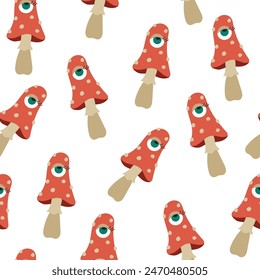 Groovy fun psychedelic mushrooms fungus in 60s 70s style vector pattern background