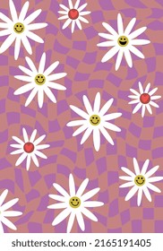 Groovy and fun vector print with emoji in flowers, cartoon and pychedelic style. Retro and hippie aesthetic, love and peace pattern