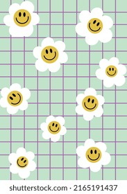 Groovy and fun vector print with emoji in flowers, cartoon and pychedelic style. Retro and hippie aesthetic, love and peace pattern