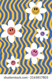 Groovy and fun wavy vector print with emoji in flowers, cartoon and pychedelic style. Retro and hippie aesthetic, love and peace pattern