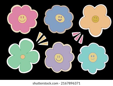 Groovy and fun wavy vector print with emoji in flowers, cartoon and pychedelic style. Retro, hippie and y2k aesthetic, love and peace pattern