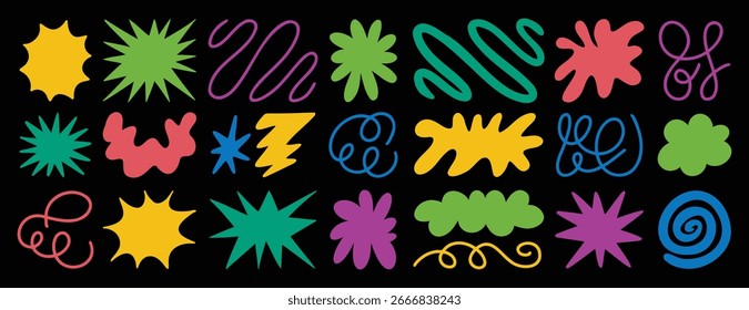  Groovy funky abstrakte Elemente trendy funky Set. Stern, Blume, Wolkenform, Linie Aufkleber Pack, Wellen. Trendy Retro 60s 70s 90s 00s Cartoon-Stil. Vektorgrafik