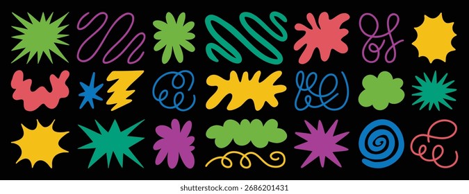  Groovy funky Elementos abstractos conjunto funky de moda. Estrella, flor, forma de nube, paquete de pegatinas de línea, olas. Estilo de dibujos animados de moda retro 60s 70s 90s 00s. Ilustración vectorial