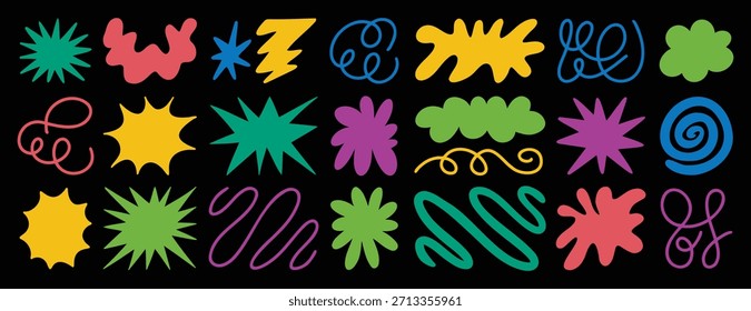  Groovy funky Elementos abstractos conjunto funky de moda. Estrella, flor, forma de nube, paquete de pegatinas de línea, olas. Estilo de dibujos animados de moda retro 60s 70s 90s 00s. Ilustración vectorial