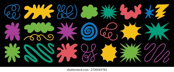  Groovy funky abstrakte Elemente trendy funky Set. Stern, Blume, Wolkenform, Linie Aufkleber Pack, Wellen. Trendy Retro 60s 70s 90s 00s Cartoon-Stil. Vektorgrafik