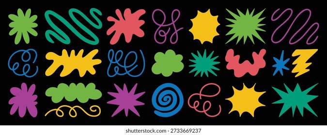  Groovy funky abstract elements trendy funky set. Estrela, flor, forma de nuvem, linha de adesivo, ondas. Estilo de desenho animado moderno retro 60s 70s 90s 00s. Ilustração vetorial
