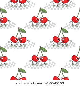 Groovy funky cherries seamless pattern. Fruit characters with arms, legs and emotions. Red, pink, green and grey colors on white background. Vector design for textile, wallpaper, cover.