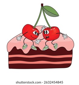 Cerezas funky Groovy sentadas en un pastel. Personajes con brazos, piernas y emociones. Dulce postre con crema. Colores rojo, rosa, verde y marrón sobre fondo blanco. Vector ilustración de dibujos animados.