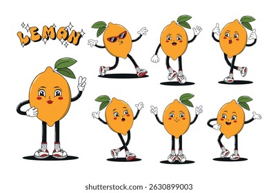 Groovy funky comic lemon character set. Retro cartoon fruit mascot in different poses and angles with happy smiling face collection. 60s, 70s, 80s hippie psychedelic vector illustrations.
