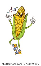 Groovy funky corn cob vegetable character whistling a melody. Cartoon vector cheerful and ripe maize plant with juicy sweet kernels and green husk. Farm veggie personage with happy face and party vibe