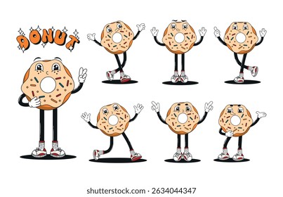 Groovy funky donut character with happy smiling face set. Retro cartoon fast food mascot collection, different poses and angles. 60s, 70s, 80s hippie psychedelic vector illustrations.
