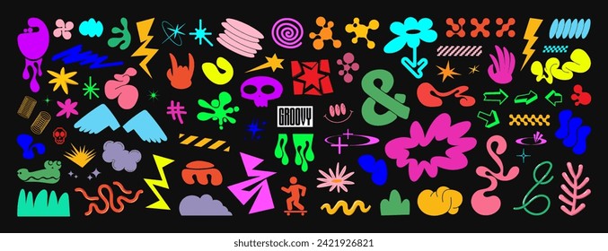 Elementos groovy y funky, caja retro gráfica, estilo bauhaus. Varios elementos brillantes en formas abstractas de dibujos animados de estilo retro. Elementos de moda de moda, retroondas de los años 90. Elementos funky, conjunto de vectores