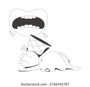 Groovy funky fallen ice cream scoop flash message fail line illustration. Dessert mishap. Dropped icecream. Mobile UI empty state. Error web design. Black and white vector concept. Micro UX scene
