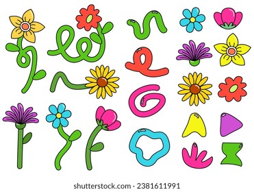 Groovy funky flower, bubble waves in trendy retro 90s cartoon style. Modern trendy minimalist  brutalist basic figures. Y2k Geometric Shapes.