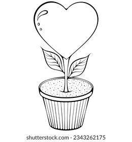 Groovy funky flowerpot plant heart. Trendy retro cartoon character. Vector illustration in hand drawn sketch doodle style. Black graphic isolated on white.
