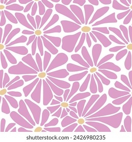 Groovy funky modern pattern with pink flowers on white background