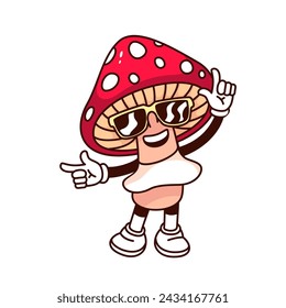 Groovy funky mushroom cartoon character with sunglasses. Funny retro comic fungus with red polka dot hat dancing, garden plant mascot, cartoon mushroom sticker of 70s 80s style vector illustration