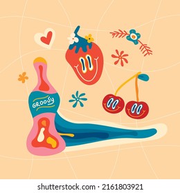 Groovy funky poster, stickers of the 70s. Retro poster with a slogan in the hippie style, good vibes, postcard template. Cartoon style illustrations, hippie bottle, crazy strawberries and cherries