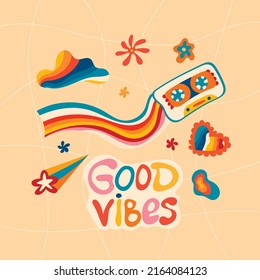 Groovy funky poster, stickers of the 70s. Retro poster with a slogan in the hippie style, good vibes, postcard template.Hippie cartoon-style illustrations, musical cassette, stars, rainbow.