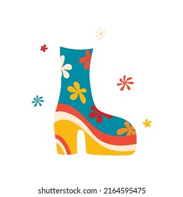 A Groovy Funky Poster In The Style Of The 70s. Retro Poster With A Stylish Hippie Shoe On A Platform, A Postcard Template. Youth Illustrations In Cartoon Hippie Style For T-shirts, Postcards, Design