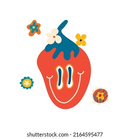 A groovy funky poster in the style of the 70s. Retro poster with crazy hippie strawberries, postcard template. Youth illustrations in cartoon hippie style for T-shirts, postcards, design