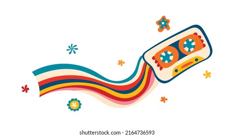 A groovy funky poster in the style of the 70s. Retro poster with audio cassette and rainbow, hippie flowers, postcard template. Youth illustrations in cartoon hippie style for T-shirts, postcards